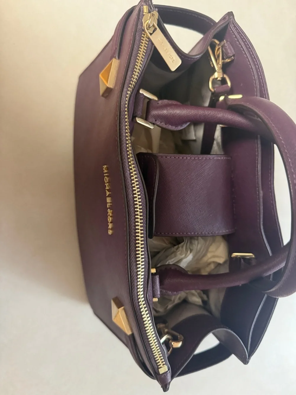 Michael Kors Plum Saffiano Leather Satchel with Gold Accents - Picture 3 of 15